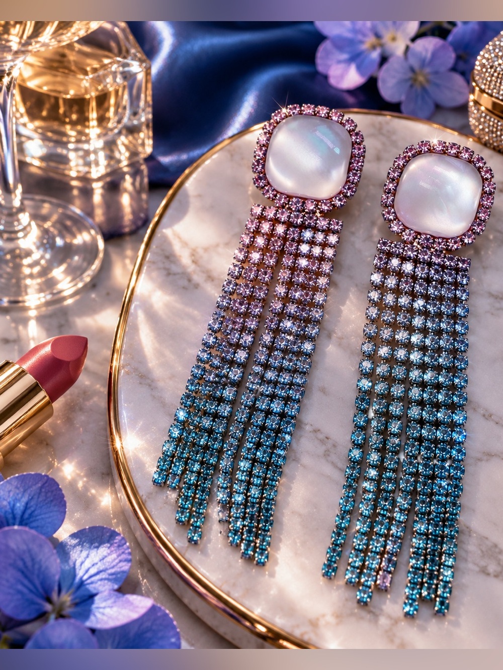 Long Rhinestone Tassel Earrings Pink Blue Crystal Dangle